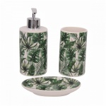 Conjunto com três peças em porcelana com padrão de folhagens para seu banheiro ficar com um toque especial de classe e bom gosto.