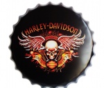 Grande placa de metal em forma de chapinha com imagens Harley Davidson retrô em relevo. Medida 40cm de diâmetro. Lote sem uso e na embalagem original.
