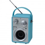 Rádio AM/FM com speacker, rádio revestido de couro ecológico em belo tom azul. Sem uso e na caixa original.