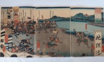 Artista não Identificado  Batalha de Samurais - Gravura oriental em cores sobre papel de algodão , Inscrições com ideogramas  e selo vermelho- sem moldura. Med. 37 x 75 cm. Com mínimas marcas do tempo.