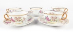 5 xícaras para chá em porcelana manufatura Real, na cor branca com bordas douradas e decorada com desenhos florais, uma das xícaras possuí pequena avaria conforme foto. Medidas aproximadas pires diâmetro 14,5 cm  e xícara diâmetro 9,5 cm e altura 5 cm
