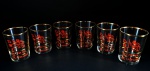 6 copos em vidro para drink decorado com faixas douradas. Medidas aproximadas altura 8,5 cm e diâmetro 6,5 cm