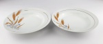 2 pratos fundos em porcelana manufatura Real, na cor branca decorado com desenhos de ramos de trigo pintados a mão. Medidas aproximadas diâmetro 23 cm e altura 4 cm.