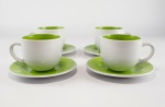 4 xícaras para chá em cerâmica manufatura Cecilia Dale nas cores branca e verde ( pode ir no micro-ondas e na lava-louça). Medidas aproximadas pires diâmetro 14,5 cm e xícara diâmetro 8,5 cm e altura 7 cm