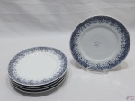 Jogo de 5 pratos de sobremesa em porcelana Schmidt guirlanda azul. Medindo 19,5cm de diâmetro.