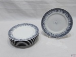 Jogo de 6 pratos de sobremesa em porcelana Schmidt guirlanda azul. Medindo 19,5cm de diâmetro.
