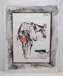 QUADRO - Pintura sobre cartão - Técnica mista "Cavalo". Sem moldura. Manchas e amassadas. Assinatura não identificada. Med. 52x42 cm.