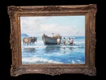 GENTIL GARCEZ  - OSP -  ARRASTÃO COM JUNTA DE BOIS  LINDA OBRA PICTÓRICA DE GENTIL GARCEZ, O GRANDE PINTOR MARINHISTA  NO LITORAL SANTISTA. A CENA RETRATA UM BARCO DE PESCADORES  NA PRAIA DEPOIS DE LARGAR AS REDES. ENQUANTO UM HOMEM PERMANECE NO BARCO OUTROS QUATRO PREPARAM A REDE PARA O INICIO DA PUXADA OU ARRASTÃO POR UMA BELA JUNTA BOIS.  É IMPRESSIONANTE A BELEZA  COM QUE GENTIL GARCEZ CAPTUROU AS CORES DO MAR EM CONTRASTE COM O CÉU. ESSA OBRA EVOCA A NOSTALGIA DO LITORAL PAULISTA NA PRIMEIRA METADE DO SEC. XX.  GENTIL GARCEZ TEVE OS PRIMEIROS ENSINAMENTOS DA MÃE, TAMBÉM PINTORA, FREQÜENTANDO DEPOIS O ATELIÊ DE BENEDITO CALIXTO. EXPÔS EM SALÕES PAULISTAS A PARTIR DE 1934. PAISAGISTA E MARINHISTA, MORREU EM SANTOS. MEADOS DO SEC. XX. 43 X 58 CM (SEM CONSIDERAR O TAMANHO DA MOLDURA). COM ELA: 62 X 67 CMNOTA: A tradicional rede puxada por bois chamada também pelos caiçaras de arrastão, deslumbrava os olhos dos turistas nas décadas de trinta e quarenta. Algumas  redes  puxadas a boi tinha 200 braças e se utilizava de 48 bois (no trabalho, intercalava-se 24 bois) e 40 empregados. Nessa época os primeiros turistas  a chegarem na praia para aproveitar o mar tinham de disputar espaço com os bois que eram conduzidos para o arrastão.