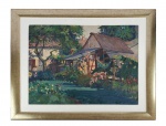 CAMPÃO, JOSÉ MARQUES -  JARDINANDO  OST  ASSINADO PELO ARTISTA. EX COLEÇÃO  DR ADOLPHO SCHIMIT SARMENTO (1883  1939)  REPUTADO COLECIONADOR E  AMIGO PESSOAL DE CAMPÃO. REPRESENTA BELO JARDIM RESIDENCIAL COM OBJETOS DE JARDINAGEM E SUA PROPRIETÁRIA. COM CACHE DA COLEÇÃO NO VERSO.  DEC. 1930. 58 X 72 (SEM SEM CONSIDERAR O TAMANHO DA MOLDURA) COM ELA 82 X 94 CMNOTA: José Marques Campão (São Paulo SP 1892 - idem 1949) Pintor. Freqüentou as aulas de pintura de Oscar Pereira da Silva (1867-1939), em São Paulo, em meados de 1905. Entre 1912 e 1918, viajou para Paris (França) onde estuda na École Nationale Superieure des Beaux-Arts Escola Nacional Superior de Belas Artes e na Académie Julian, com Jean-Paul Laurens (1838-1921) e Paul Albert Laurens (1870-1934). Integra a Comissão de Orientação Artística em São Paulo.