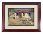 PAULO DO VALLE JUNIOR  OLEO SOBRE PLACA  CENA DE INTERIOR COM CASA E GALINÁCEOS  ASSINADO E DATADO 1923. EX COLEÇÃO  DR ADOLPHO SCHIMIT SARMENTO (1883  1939). 25 X 34 CM  (SEM CONSIDERAR O TAMANHO DA MOLDURA). COM A MOLDURA. 43 X 53 CMNOTA: PAULO DO VALLE JUNIOR  Pirassununga, SP, 1889 - São Paulo, SP, 1958. Pintor e desenhista. Ingressa no  Liceu de Artes e Ofícios de São Paulo - LAOSP em 1902, onde estuda com Oscar e permanece até 1906. Nesse ano viaja para Paris, com bolsa de estudo concedida pelo governo do Estado de São Paulo, frequenta a Académie Julian e é aluno dos pintores Marcel André Baschet , Jean-Paul Laurens  e Henri Paul Royer .  O Estado de São Paulo lhe concede mais uma bolsa de estudo, em 1913, e Valle Júnior vai para a Europa, e lá fica até 1915. Em 1920, faz uma exposição individual no Clube Comercial, com boa recepção da crítica. Tem uma relevante participação no processo de profissionalização dos artistas em São Paulo, na criação da Sociedade Paulista de Belas Artes, em 1924, no debate sobre a criação do Departamento Histórico e Artístico do Estado de São Paulo e na fundação do Sindicato dos Pintores de São Paulo, primeiro do gênero no Brasil. Integra a mostra do Grupo Almeida Júnior, organizada por Torquato Bassi , em 1928. Entre 1937 e 1954, ocupa a presidência do Salão Paulista de Belas Artes e participa da comissão organizadora e do júri de seleção de várias edições do evento. Entre 1948 e 1952, passa nova temporada na Académie Julian, com apoio de Irene e Freddy Keller, seus parentes, que recebem parte da sua produção do período pelo custeio da viagem. Valle Júnior influencia a produção de artistas como Nicola Petti  e José Marques Campão . Apresenta uma retrospectiva na Galeria Prestes Maia, em São Paulo, em 1956.