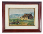 PAULO DO VALLE JUNIOR  OLEO SOBRE PLACA  CENA DE LITORAL COM CASEBRE EM RUINA, CANOA E VILAREJO AO FUNDO. ASSINADO E DATADO 1920. EX COLEÇÃO  DR ADOLPHO SCHIMIT SARMENTO (1883  1939). 25 X 34 CM  (SEM CONSIDERAR O TAMANHO DA MOLDURA). COM A MOLDURA. 43 X 53 CMNOTA: PAULO DO VALLE JUNIOR  Pirassununga, SP, 1889 - São Paulo, SP, 1958. Pintor e desenhista. Ingressa no  Liceu de Artes e Ofícios de São Paulo - LAOSP em 1902, onde estuda com Oscar e permanece até 1906. Nesse ano viaja para Paris, com bolsa de estudo concedida pelo governo do Estado de São Paulo, frequenta a Académie Julian e é aluno dos pintores Marcel André Baschet , Jean-Paul Laurens  e Henri Paul Royer .  O Estado de São Paulo lhe concede mais uma bolsa de estudo, em 1913, e Valle Júnior vai para a Europa, e lá fica até 1915. Em 1920, faz uma exposição individual no Clube Comercial, com boa recepção da crítica. Tem uma relevante participação no processo de profissionalização dos artistas em São Paulo, na criação da Sociedade Paulista de Belas Artes, em 1924, no debate sobre a criação do Departamento Histórico e Artístico do Estado de São Paulo e na fundação do Sindicato dos Pintores de São Paulo, primeiro do gênero no Brasil. Integra a mostra do Grupo Almeida Júnior, organizada por Torquato Bassi , em 1928. Entre 1937 e 1954, ocupa a presidência do Salão Paulista de Belas Artes e participa da comissão organizadora e do júri de seleção de várias edições do evento. Entre 1948 e 1952, passa nova temporada na Académie Julian, com apoio de Irene e Freddy Keller, seus parentes, que recebem parte da sua produção do período pelo custeio da viagem. Valle Júnior influencia a produção de artistas como Nicola Petti  e José Marques Campão . Apresenta uma retrospectiva na Galeria Prestes Maia, em São Paulo, em 1956.