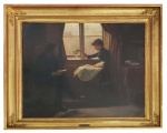 VALDERMAR HEINRICH NICOLAUS IRMINGER (DINAMARCA 1850-1938)  A INSPIRAÇÃO  OST  ASSINADO E DATADO 1887. ESSA LINDA OBRA REPRODUZ O PROPRIO AUTRO RETRATO DE VALDEMAR IRMINGER PINTANDO MODELO SENTADA A JANELA COM UM VASO DE FLORES. A MODELO É REPRESENTADA COM UM VESTIDO E AVENTAL. EM UM DOS BRAÇOS TRAZ UMA PULSEIRA QUE RELUZ. OLHA PELAS JANELAS ONDE SE DIVISA PAISAGEM URBANA DE COPENHAGUE. IRMINGER OPTOU POR DEIXAR SUA FIGURA NA PENUMBRA CHAMANDO TODA A LUZ  DA OBRA PARA A FIGURA DA MODELO. SENTADO, DE PERNAS CRUZADAS COM UM CADERNO DE DESENHO NAS MÃOS OLHA ATENTAMENTE PARA A MODELO EM UMA SALA ELEGANTE COM MÓVEIS, CORTINAS E UM QUADRO. ESSE QUADRO PARTICIPOU DE EXPOSIÇÃO DO ARTISTA, NO CHASSI HÁ UMA ETIQUETA COM O NUMERO DE REGISTRO 3, A ASSINATURA DO PRÓPRIO IRMINGER E A PALAVRA UNDERSKRAFT (ALGO COMO ASSINATURA EM DINAMARQUES). A MOLDURA É ORIGINAL, RECOBERTA EM OURO BRUNIDO E TEM ETIQUETA DE IDENTIFICAÇÃO DO ARTISTA EM METAL. OBRAS DESSE ARTISTA COMPÕE ACERVO DE IMPORTANTES MUSEUS INTERNACIONAIS E SÃO VENDIDAS EM REPUTADAS CASAS DE LEILÃO MUNDIAS COMO A CHRISTIES. DINAMARCA, 1887, 78 X 85 CM (SEM CONSIDERAR O TAMANHO DA MOLDURA) E 85 X 79 CM (COM A MOLDURA)NOTA: Nascido em Copenhagen em 1850 , Irminger frequentou a Real Academia Dinamarquesa de Belas Artes de 1867 e 1873. Ele foi para a Itália com uma bolsa de estudos de 1884 a 1887. Em 1888, ele ganhou a medalha da Academia por Motiv fra Brnehospitalet ved Refsns (Vista do Hospital Infantil em Refsns) e no ano seguinte para Fra et Brnehospital (de um Hospital Infantil). Suas pinturas coloridas ao ar livre em Refsns são consideradas entre suas melhores obras com crianças pintadas com sensibilidade reveladora.   Pintando inicialmente em estilo realista , a partir da década de 1890 se volta para o Romantismo . Suas obras incluem retratos, temas religiosos, soldados, animais e crianças. Irminger ensinou na escola da Academia para mulheres de 1906, onde foi professor de 1908 a 1920. De 1875, Irminger foi expositor regular em Charlottenborg e serviu no Comitê de Exposições de Charlottenborg de 1905 a 1908 e no Comitê de Aquisições de 1911 a 1917. Em 1908, Irminger casou-se com a escultora dinamarquêsa Ingeborg Plockross. Faleceu em 1938