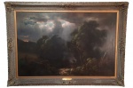 CLAUDE HUGARD  DE LA TOUR (1818-1886)  LORAGE (TEMPESTADE)  LINDA PINTURA COM FLORESTA, PASTOR COM OVELHAS  EM MEIO A TEMPESTADE SE DISSIPANDO  OLEO SOBRE CANVAS - MONUMENTAL OBRA DO MESTRE DA LUZ E SOMBRA CLAUDE HUGARD. REPRESENTA CENA CAMPESTRE COM FLORESTA TÍPICA DA REGIÃO DA NORMANDIA ONDE O ARTISTA PINTOU MUITAS OBRAS. AO FUNDO PERCEBE-SE O ALARANJADO DO SOL NASCENTE. O CÉU ENTRE NUVENS DEIXA AO CENTRO DA TELA ANTEVER UMA ABERTURA POR ONDE UM FOCO DE LUZ É DIRECIONADO NO PASTOR CERCADO POR SUAS OVELHAS. AS OBRAS DESSE FORMIDÁVEL ARTISTA FRANCÊS TEM MERCADO INTERNACIONAL CONSOLIDADO INCLUSIVE COM VENDAS EM CASAS DE LEILÃO INTERNACIONAL COMO A CHRISTIES. FRANÇA, MEADOS DO SEC. XIX. 145 X 95 (SOMENTE O TAMANHO DA TELA) E 175 X 125 (CONSIDERANDO O TAMANHO DA MOLDURA)NOTA: CLAUDE HUGARD  DE LA TOUR (1818-1886)  - Aprendeu a pintar com Alexandre Calame em Genebra e depois com François Diday . Eles eram famosos pintores de paisagens suíças da Escola Romântica. Ele encontrou inspiração para suas pinturas em paisagens expansivas dos Alpes franceses, mas ele também pintou na Normandia , Brie e nos Pirineus e mais tarde na área de Paris. Assim que veio morar em Paris, ele rapidamente obteve grande sucesso. Ele participou do Salão de Paris de 1844 a 1880. Ele foi premiado com a Medalha de Terceira Classe em 1844 e a Medalha de Segunda Classe em 1846. O governo francês posteriormente comprou muitas de suas obras. As suas obras estão representadas em vários museus franceses, principalmente locais: Annecy , Aurillac , Bagnères de Bigorre , Béziers e Chambéry .