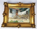 PAULO DO VALLE JUNIOR  -  OLEO SOBRE PLACA  CENA DE INTERIOR COM CASA E GALINÁCEOS. EX COLEÇÃO  DR ADOLPHO SCHIMIT SARMENTO (1883  1939). 24 X 32 CM  (SEM CONSIDERAR O TAMANHO DA MOLDURA). COM A MOLDURA. 41 X 50 CMNOTA: PAULO DO VALLE JUNIOR  Pirassununga, SP, 1889 - São Paulo, SP, 1958. Pintor e desenhista. Ingressa no  Liceu de Artes e Ofícios de São Paulo - LAOSP em 1902, onde estuda com Oscar e permanece até 1906. Nesse ano viaja para Paris, com bolsa de estudo concedida pelo governo do Estado de São Paulo, frequenta a Académie Julian e é aluno dos pintores Marcel André Baschet , Jean-Paul Laurens  e Henri Paul Royer .  O Estado de São Paulo lhe concede mais uma bolsa de estudo, em 1913, e Valle Júnior vai para a Europa, e lá fica até 1915. Em 1920, faz uma exposição individual no Clube Comercial, com boa recepção da crítica. Tem uma relevante participação no processo de profissionalização dos artistas em São Paulo, na criação da Sociedade Paulista de Belas Artes, em 1924, no debate sobre a criação do Departamento Histórico e Artístico do Estado de São Paulo e na fundação do Sindicato dos Pintores de São Paulo, primeiro do gênero no Brasil. Integra a mostra do Grupo Almeida Júnior, organizada por Torquato Bassi , em 1928. Entre 1937 e 1954, ocupa a presidência do Salão Paulista de Belas Artes e participa da comissão organizadora e do júri de seleção de várias edições do evento. Entre 1948 e 1952, passa nova temporada na Académie Julian, com apoio de Irene e Freddy Keller, seus parentes, que recebem parte da sua produção do período pelo custeio da viagem. Valle Júnior influencia a produção de artistas como Nicola Petti  e José Marques Campão . Apresenta uma retrospectiva na Galeria Prestes Maia, em São Paulo, em 1956.