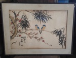 Chang - Pássaros na arvore- desenho aquarelado - ACIE - Circa 86 - Medida total com moldura aprox. 46 x 61 cm
