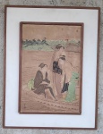 Antiga gravuras Oriental em papel de arroz colada em eucatex , assinadas . Med. 56 x 46 cm