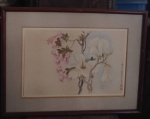 Arte Oriental - Gravura de Aquarela retratando flores e folhagens sobre papel colado em cartão - assinado com selo vermelho CID - paspatur em tecido com douração - com moldura em madeira e proteção de vidro. Med. 62 x 47cm com moldura.