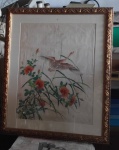Pintura Oriental - aquarela japonesa, pássaro e flores com moldura e proteção de vidro. - 60x40cm