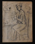 DESENHO SOBRE PAPEL - Ass. não identificada - Menina - Apresenta furo na altura do lustre. Med. 22cm x 30cm