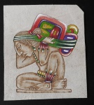 Desenho Mexicano sobre couro "Ahau Cargador del Tiempo" assinado na parte posterior CID - Não identificada. Med. 18cm x 21cm