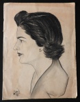 Desenho com grafite perfil de mulher, assinatura não identificada CIE datada 1954. Med. 25cm x 33cm