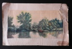 Gravura de Desenho colorido antigo, paisagem - Antoniette Brasal 1947 - Med. 24cm x 37cm