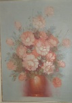 Quadro em pintura OST sem assinatura retratando vaso de flores. Sutileza de mescla nas cores. Mede com moldura 52x41cm e sem moldura 40x29cm