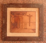 Sala com crucifixo, Mario Beltrame, 1979 / Pirografia sob placa de madeira / 46x49