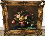AM007, P. GIACOMINI óleo sobre tela, representando vaso com flores, medida interna 59 x 48 cm, medida externa 80 x 68 cm. No estado.
