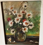 AM007, MARIA JOSÉ, óleo sobre tela, representando vaso com flores, medindo 12 x 16 cm. No estado.