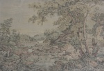 Antiga tapeçaria europeia ao estilo "AUBUSSON", representando pescadores, medindo 188 x 135 cm. Sem moldura.