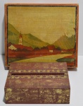 Duas caixas artesanais, uma sendo um porta-guardanapos e outra acompanha envelopes para carta