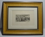 Gravura de assinatura não identificada, cidade europeia do século XIV, moldura com paspartu, 8/50,21x31cm