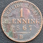 PRUSSIA 1 PFENNIG 1867 B   . COBRE 1,52 GRAMAS, 17,5 MM.  WILHELM I.