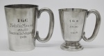 METAL - Lote de 2 canecas troféus em metal espessurados a prata, datados (1964/1968). Alt. 11,5 cm e 10,5 cm.