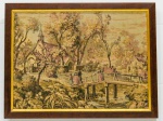 TAPEÇARIA - Gobelin Quadro de tapeçaria francesa representando cena de igreja e vilarejo com antiga moldura em jacarandá. Med. 70x91 cm.