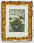 QUADRO - Gravura "O cavaleiro na viagem de Águas Noturnas", pelo artista Aus Den Schwind-mappen. Med. 25x17 cm e 42x33 cm.