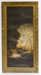 QUADRO - OST - Assinatura não identificada - "Paisagem", bela moldura dourada. Med. 57x29 cm e 79x40 cm. Pequenas faltas na moldura.