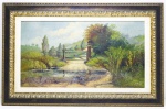 QUADRO - E. A. GIUDICI - "Paisagem" - Pintura sobre madeira - Mensagem na parte traseira do quadro. "TIRADO DO NATURAL, PORTEIRA DA ENTRADA NO CHARQUE, NA FABRICA DE SALAMES E MORTADELA - SÃO JOSÉ - EM SÃO JOSÉ DO RIO PARDO. Datado 25/04/1939. Med. 29x53 cm e 46x70 cm. Pintor nasceu na Argentina e era filho do famoso pintor Reynaldo Giudici.