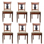 Conjunto de seis cadeiras em madeira nobre com pátina negra ao centro. Tecido do assento no estado. Europa, cerca de 1900. 91 x 45 x 40 cm. Necessita de reparos.
