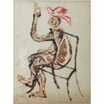 Clóvis Graciano (1907-1988). Figura com ave. Desenho à guache. Assinado, cid e datado 1974. 33 x 25 cm.