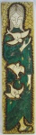 Ass. ilegível - Placa em madeira entalhada e policromada, com representação de Figura com pássaros. Assinada. Med. 89x24 cm.