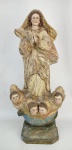 Nossa Senhora da Conceição - Imagem do Séc. XIX em madeira entalhada e policromada, com olhos de Nossa Senhora, dos anjos e da serpente em vidro. Alt. 46,5cm.