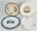 Quatro peças em porcelana, sendo travessa italiana com decoração oriental, prato tcheco da manufatura Epiag com flores e folhas no tom verde e rosa, prato americano Lecot China com flores e folhas em policromia e detalhes em dourado e prato inglês da manufatura Wedg Wood decorado com paisagem no tom chocolate representando "Old London Views". Prato americano com manchas causadas pelo tempo e o inglês com pequeno lascado na borda. Med. travessa 30,5x23cm e Diam. prato maior 27cm.