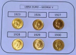 Conjunto de 6 moedas de libra esterlina inglesa  OURO (.917) - 22K -, anos diferentes ( 1923-1926-1927-1928-1929-1930 - GEORGE V   - 7,98 g cada - total : 47,88 g