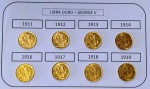 Conjunto de 8 moedas de libra esterlina inglesa  OURO (.917) - 22K -, anos diferentes ( 1911-1912-1913-1914-1916-1917-1918-1919 )- GEORGE V   - 7,98 g cada - total : 63,84 g