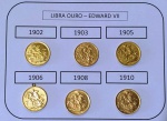 Conjunto de 6 moedas de libra esterlina inglesa  OURO (.917) - 22K -, anos diferentes ( 1902-1903-1905-1906-1908-1910) - EDWARD VII   - 7,98 g cada - total : 47,88 g