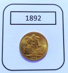 Moeda de libra esterlina inglesa  OURO (.917) - 22K - 1892 - RAINHA VITÓRIA   - 7,98 g 