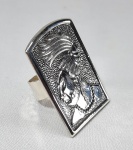 PLATERIA RAFAEL - México - Grande anel em prata de lei 950 com efígie de rei Azteca. Assinado. Med. Aro: 22/23