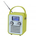 Belo e estiloso rádio relógio AM/FM com revestimento em couro ecológico.